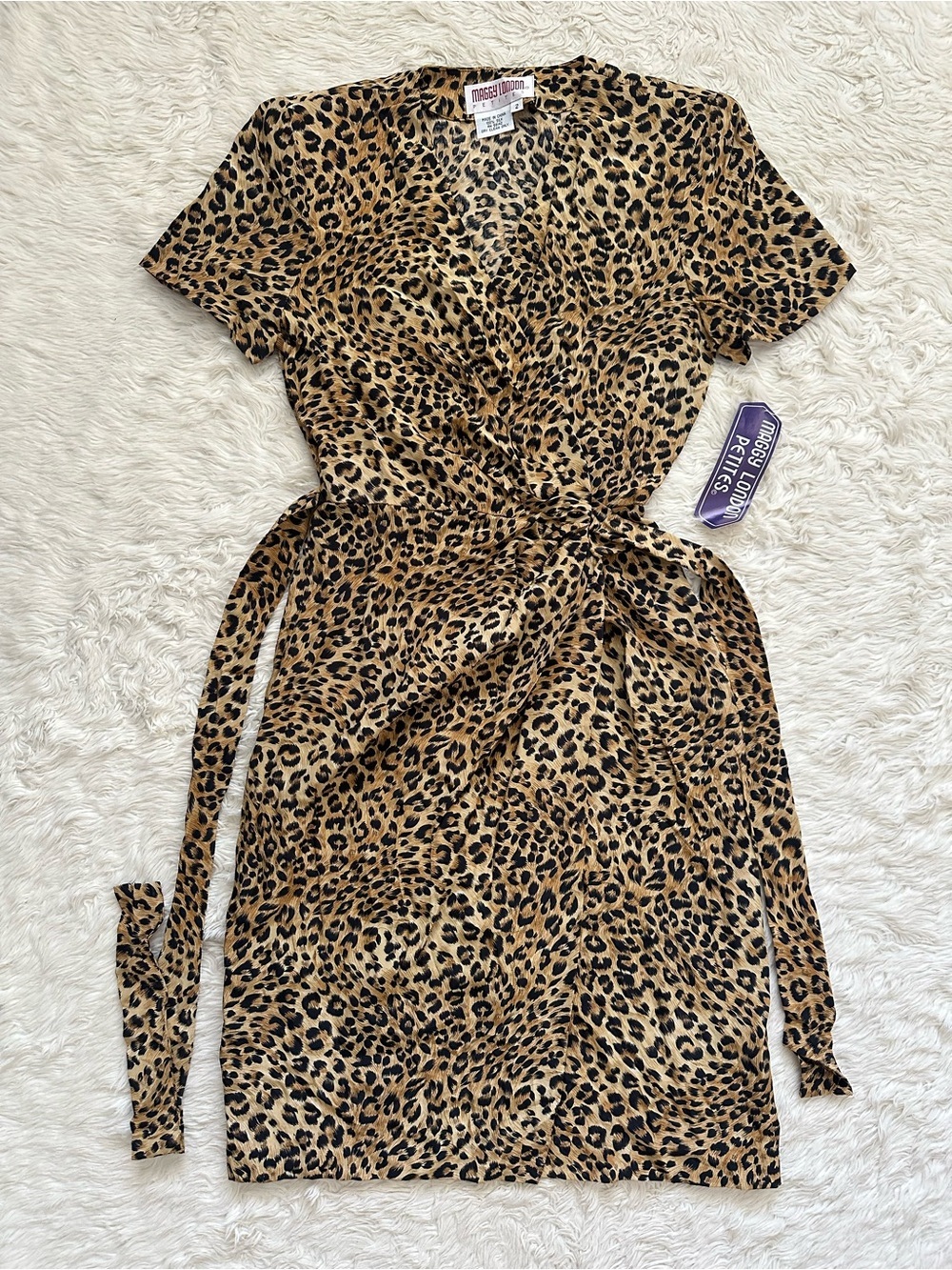 Vintage Maggy London Wrap Dress 90s 100% Silk Cheetah Print Petite Sz 2P NWT New